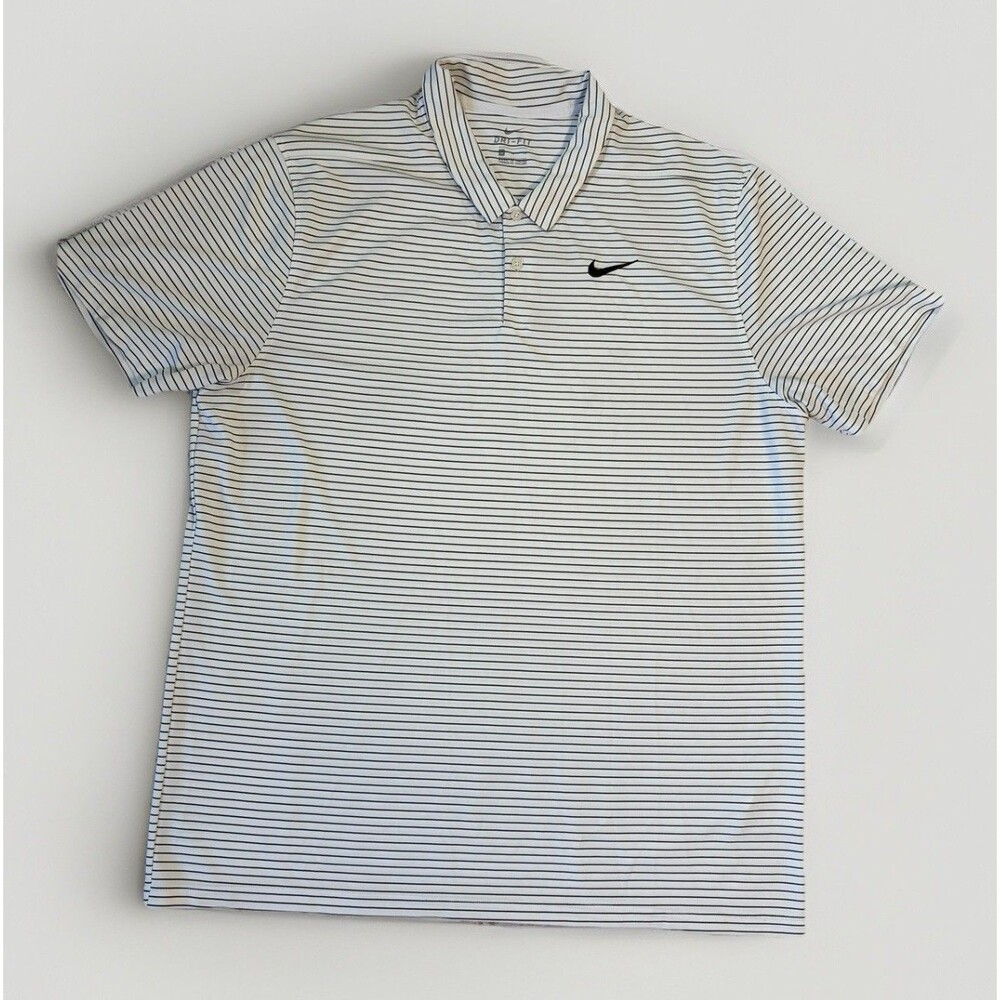 NKE Mens X-Large White Black Striped Dri-Fit Short Sleeve Performance Golf Polo